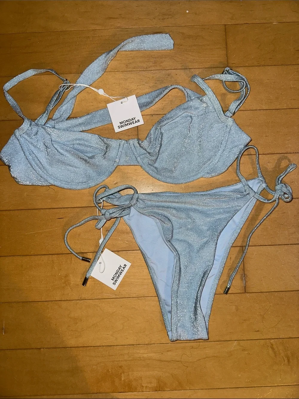 NWT Monday Swimwear Shimmery Light Blue Tie-Side Bikini